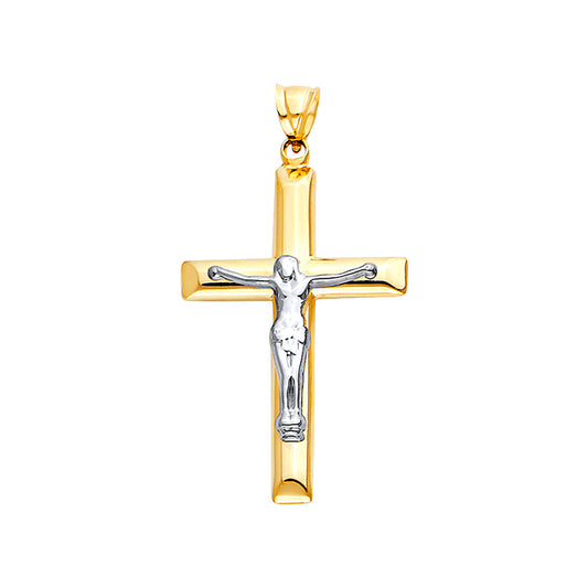 14K Two-Tone Yellow & White Gold Hollow Cross Crucifix Charm Pendant - 25x45mm