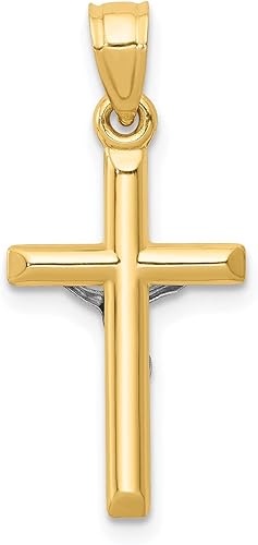 14K Two-Tone Yellow & White Gold Hollow Cross Crucifix Charm Pendant - 25x45mm