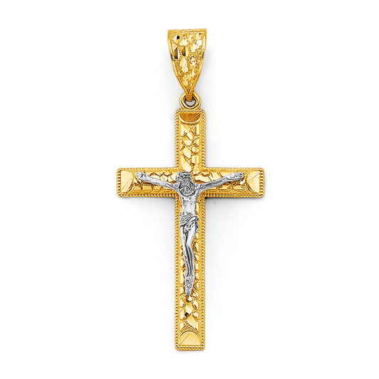 14K Two-Tone Gold Religious Crucifix Cross Pendant for Necklace or Chain