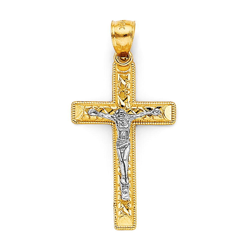 14K Two-Tone Gold Diamond-Cut Religious Crucifix Cross Pendant