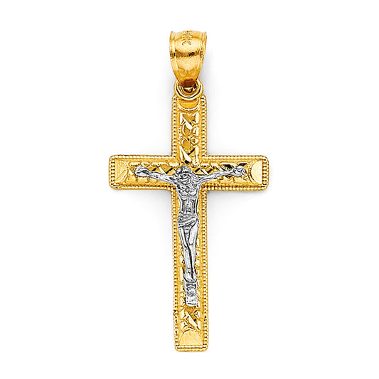 14K Two-Tone Gold Diamond-Cut Religious Crucifix Cross Pendant
