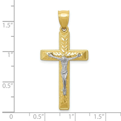 14K Two-Tone Gold Diamond-Cut Religious Crucifix Cross Pendant