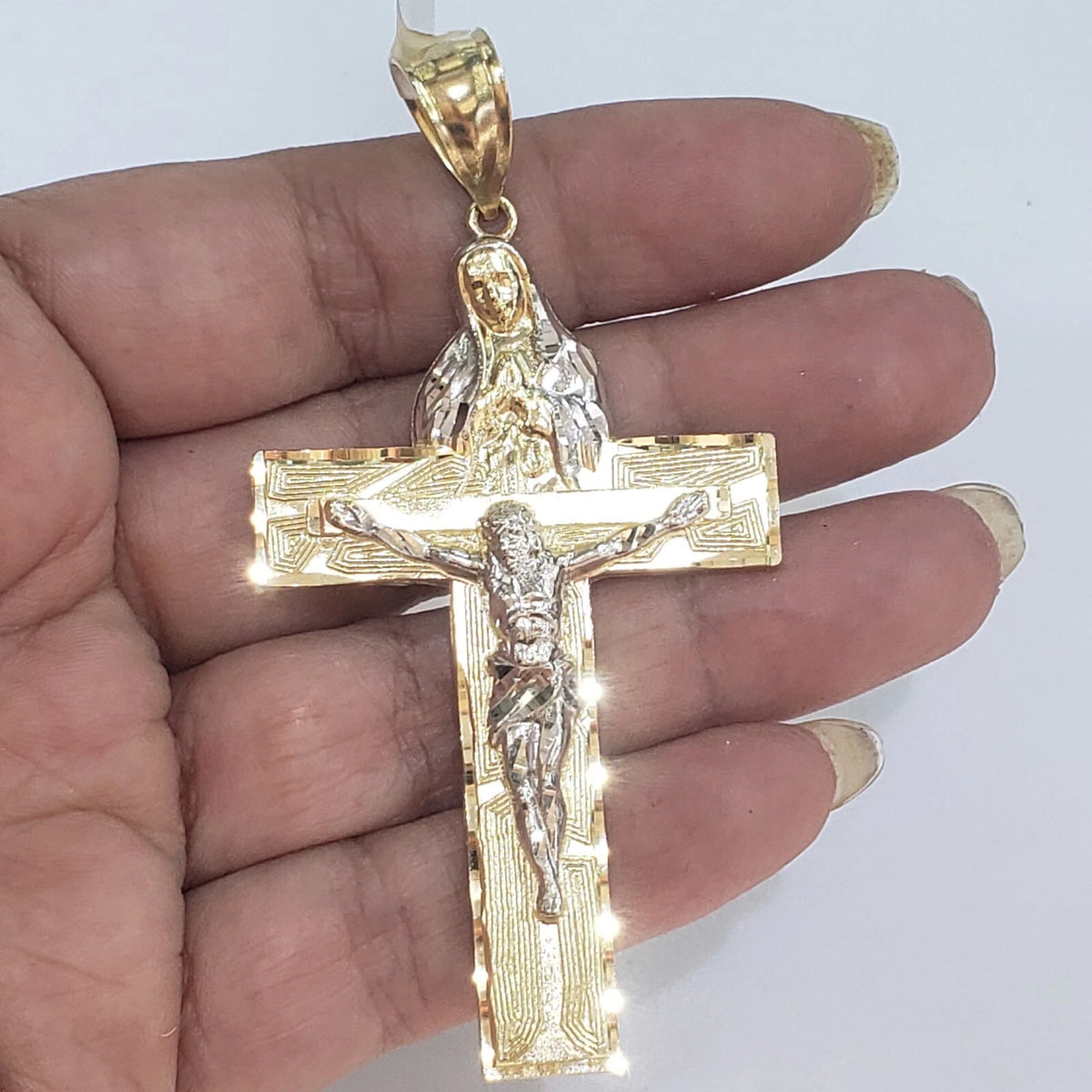14K Two-Tone Gold Religious Crucifix Cross Pendant for Necklace or Chain