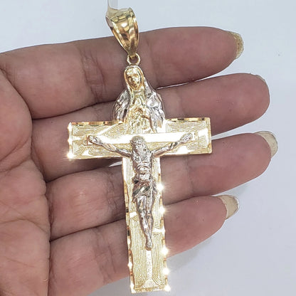 14K Two-Tone Gold Religious Crucifix Cross Pendant for Necklace or Chain