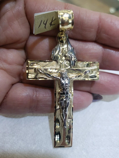 14K Two-Tone Gold Religious Crucifix Cross Pendant for Necklace or Chain