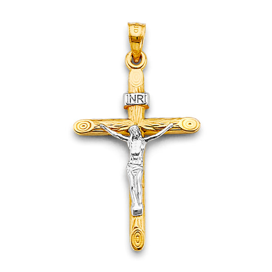 14K Two-Tone Yellow & White Gold Wood-Grain Textured Crucifix Pendant with Jesus & INRI