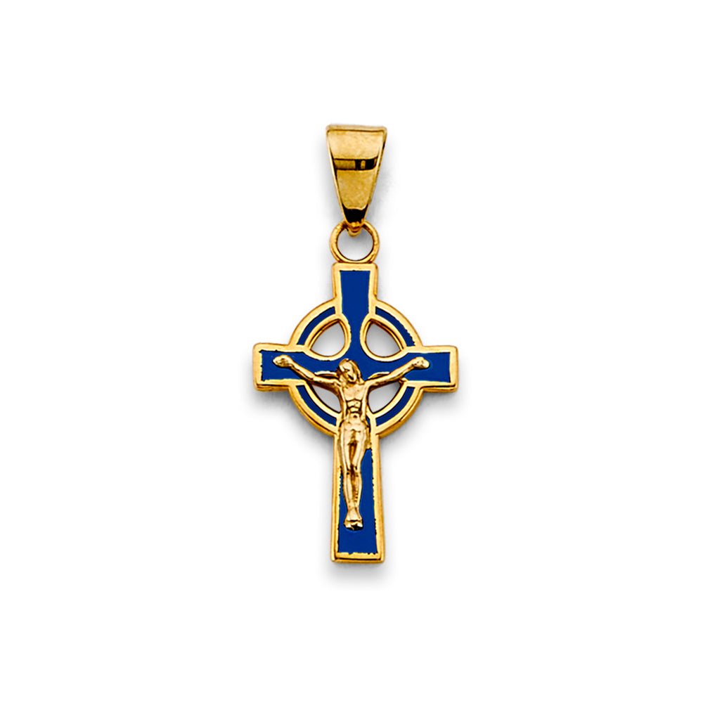 14K Yellow Gold Blue Enamel Cross Pendant for Necklace or Chain - Religious Christian Jewelry