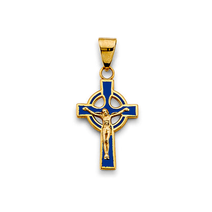 14K Yellow Gold Blue Enamel Cross Pendant for Necklace or Chain - Religious Christian Jewelry