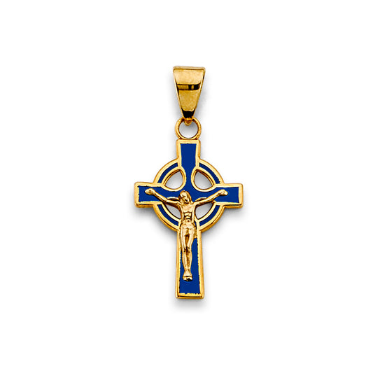 14K Yellow Gold Blue Enamel Cross Pendant for Necklace or Chain - Religious Christian Jewelry