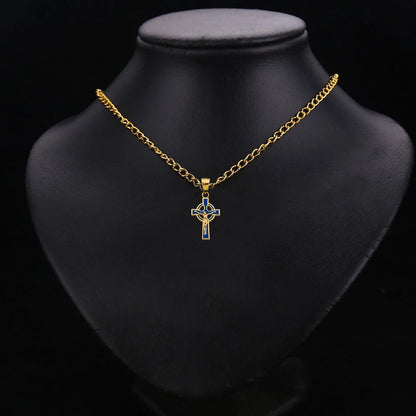 14K Yellow Gold Blue Enamel Cross Pendant for Necklace or Chain - Religious Christian Jewelry