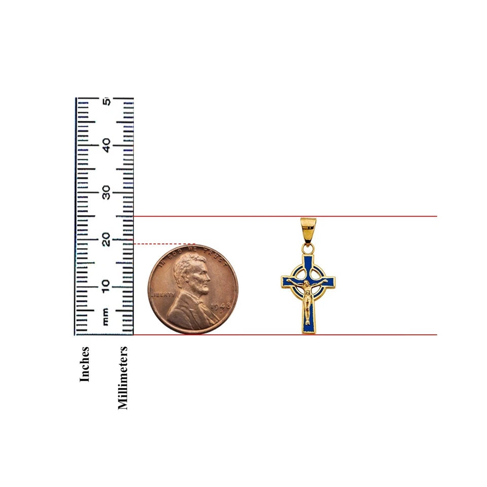 14K Yellow Gold Blue Enamel Cross Pendant for Necklace or Chain - Religious Christian Jewelry