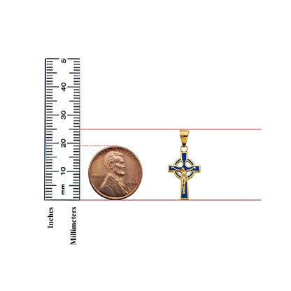 14K Yellow Gold Blue Enamel Cross Pendant for Necklace or Chain - Religious Christian Jewelry