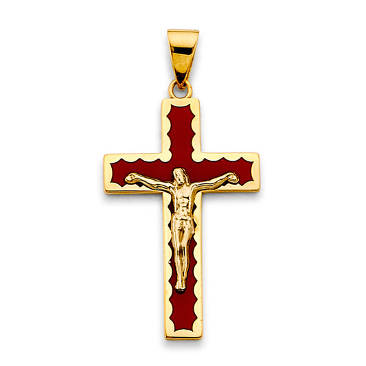 14K Yellow Gold Red Enamel Crucifix Cross Pendant for Necklace or Chain - Religious Christian Jewelry