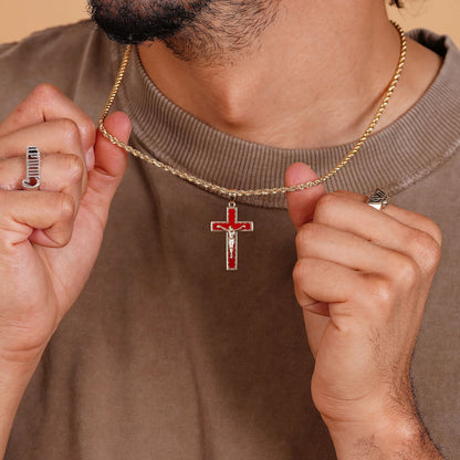 14K Yellow Gold Red Enamel Crucifix Cross Pendant - Religious Christian Jewelry