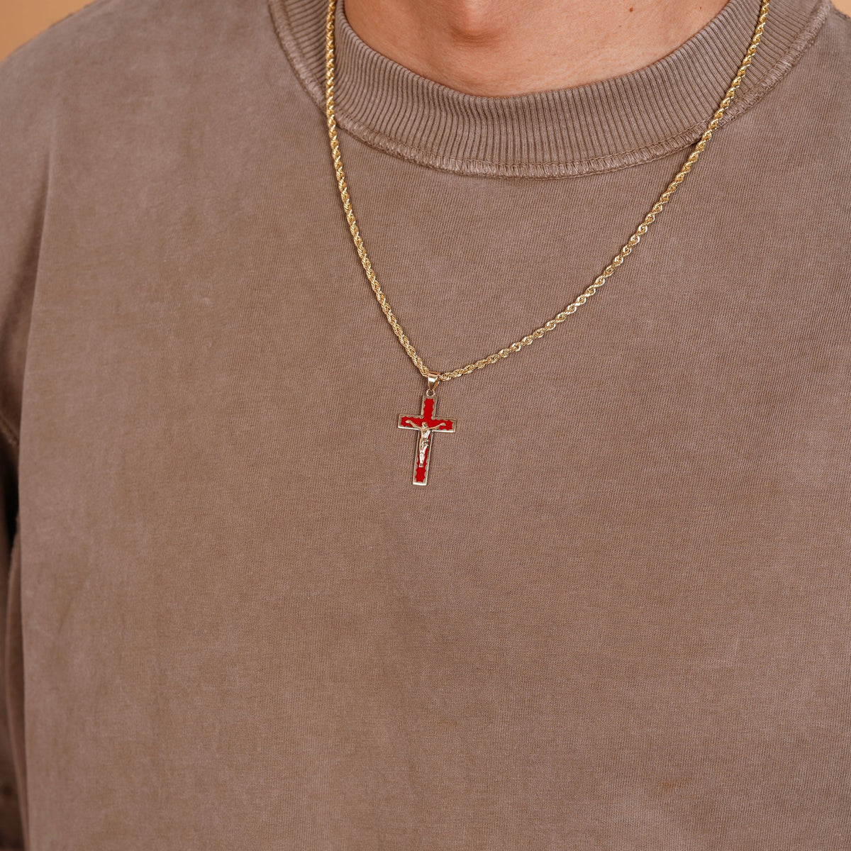 14K Yellow Gold Red Enamel Crucifix Cross Pendant - Religious Christian Jewelry