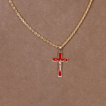 14K Yellow Gold Red Enamel Crucifix Cross Pendant - Religious Christian Jewelry