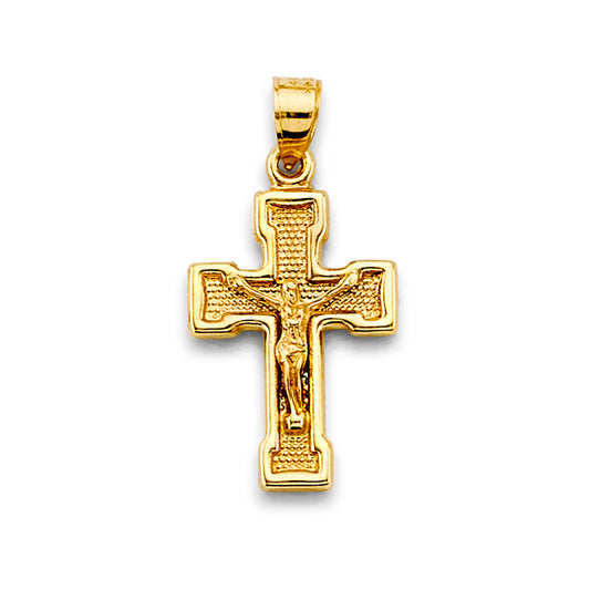 Gold cross pendant on a white background