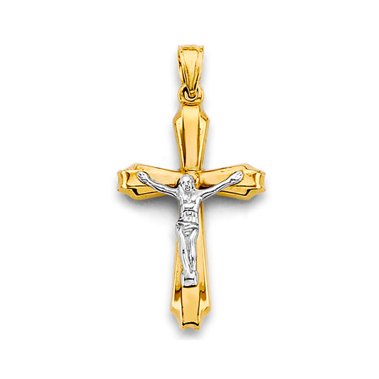 14K Two-Tone Yellow & White Gold Crucifix Cross Religious Charm Pendant - 15x30mm