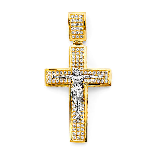 Large 14K Yellow & White Gold Cubic Zirconia Crucifix Cross Pendant for Men & Women