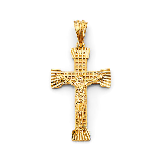 Gold crucifix pendant on a white background
