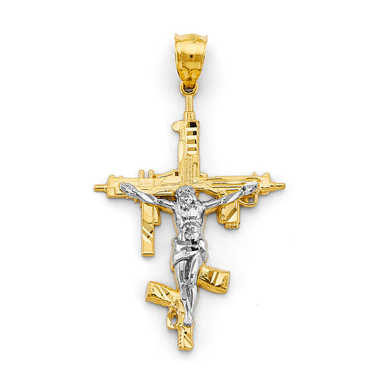 Gold and silver crucifix pendant with gun designs on a white background