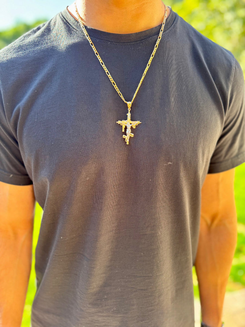 14K Yellow Gold Religious Cross Charm Gun Pendant For Necklace or Chain