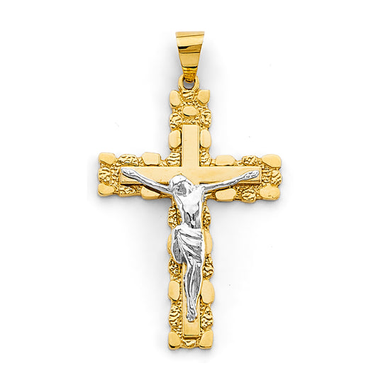 14K Two-Tone Gold Nugget Jesus Crucifix Cross Religious Pendant