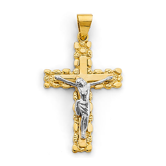 14K Two-Tone Gold Religious Nugget Crucifix Small Cross Pendant