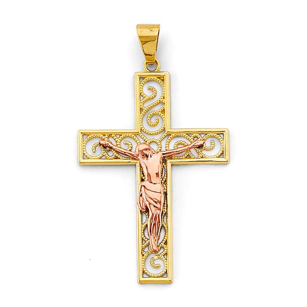 14K Solid Two-Tone Gold Unisex Crucifix Cross Religious Pendant