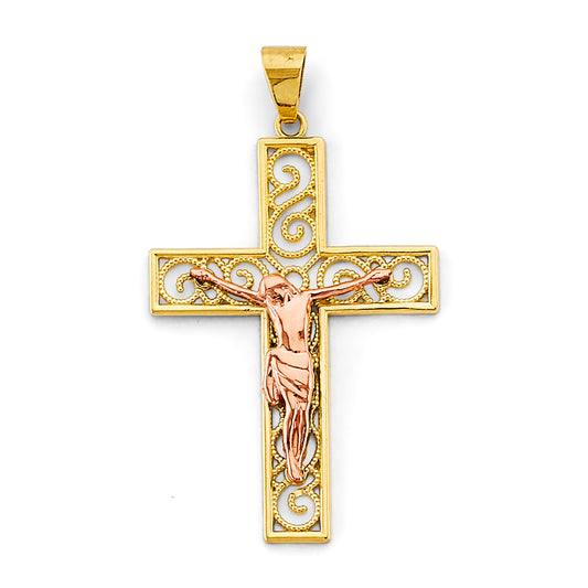 14K Solid Two-Tone Gold Unisex Crucifix Cross Religious Pendant