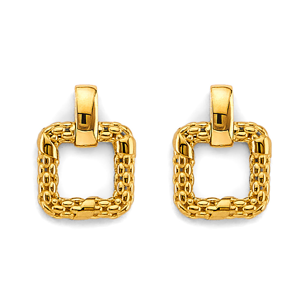 Pair of gold square-shaped earrings on a white background available on the TX.ORO website.