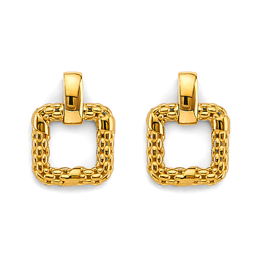 Pair of gold square-shaped earrings on a white background available on the TX.ORO website.
