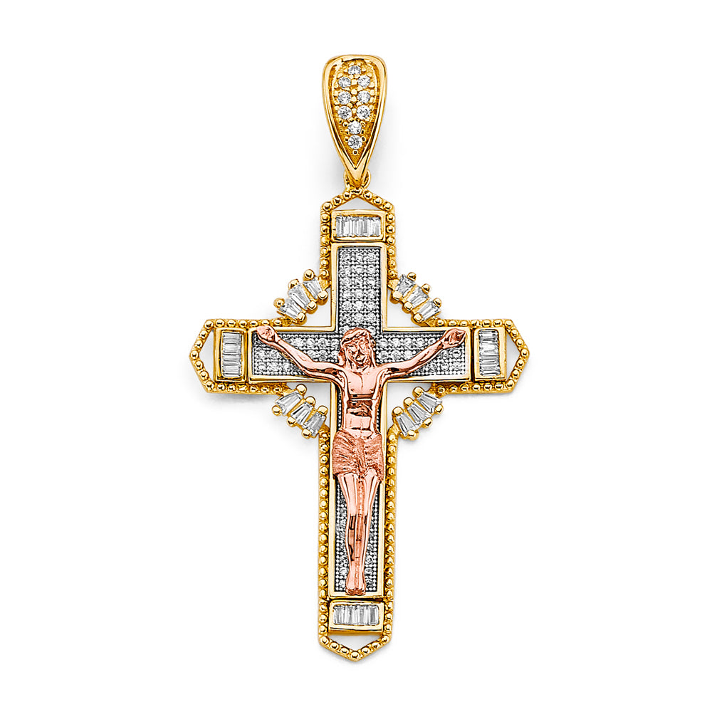 Gold and rose gold cross pendant with crucifix on a white background