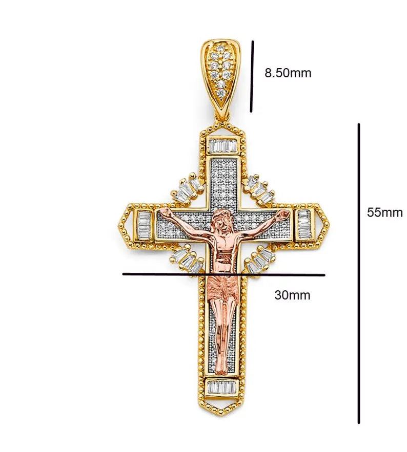 Gold and rose gold cross pendant with measurements on a white background