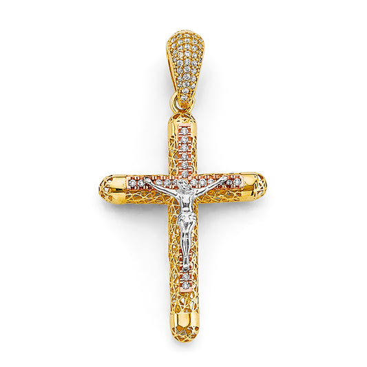 14K Tri-Color Gold Cubic Zirconia Catholic Crucifix Cross Pendant with Jesus Figure