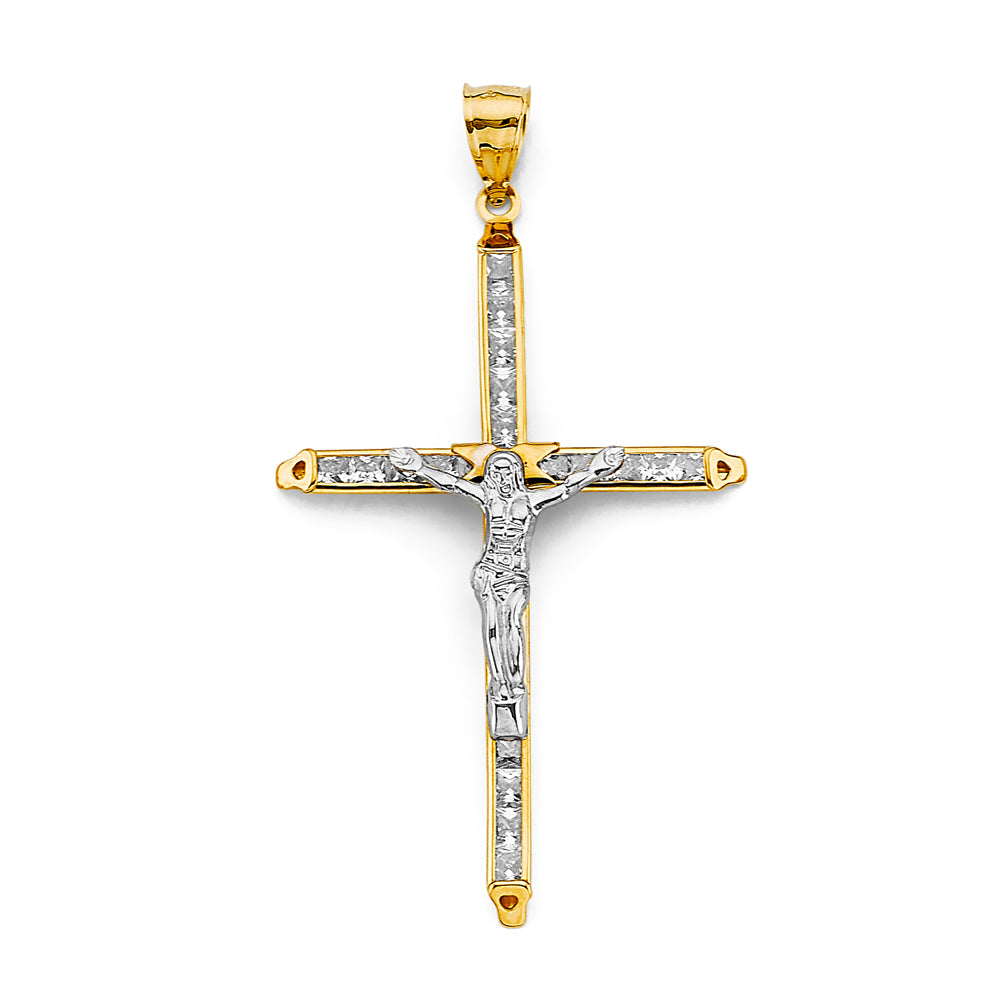 14K Yellow & White Gold Cubic Zirconia Religious Crucifix Cross Pendant