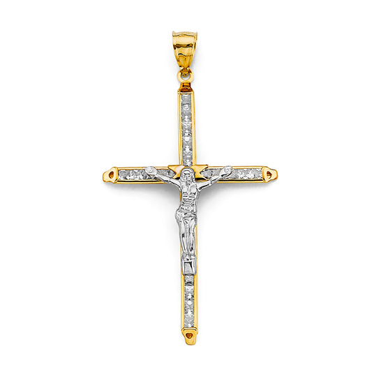 14K Yellow & White Gold Cubic Zirconia Religious Crucifix Cross Pendant