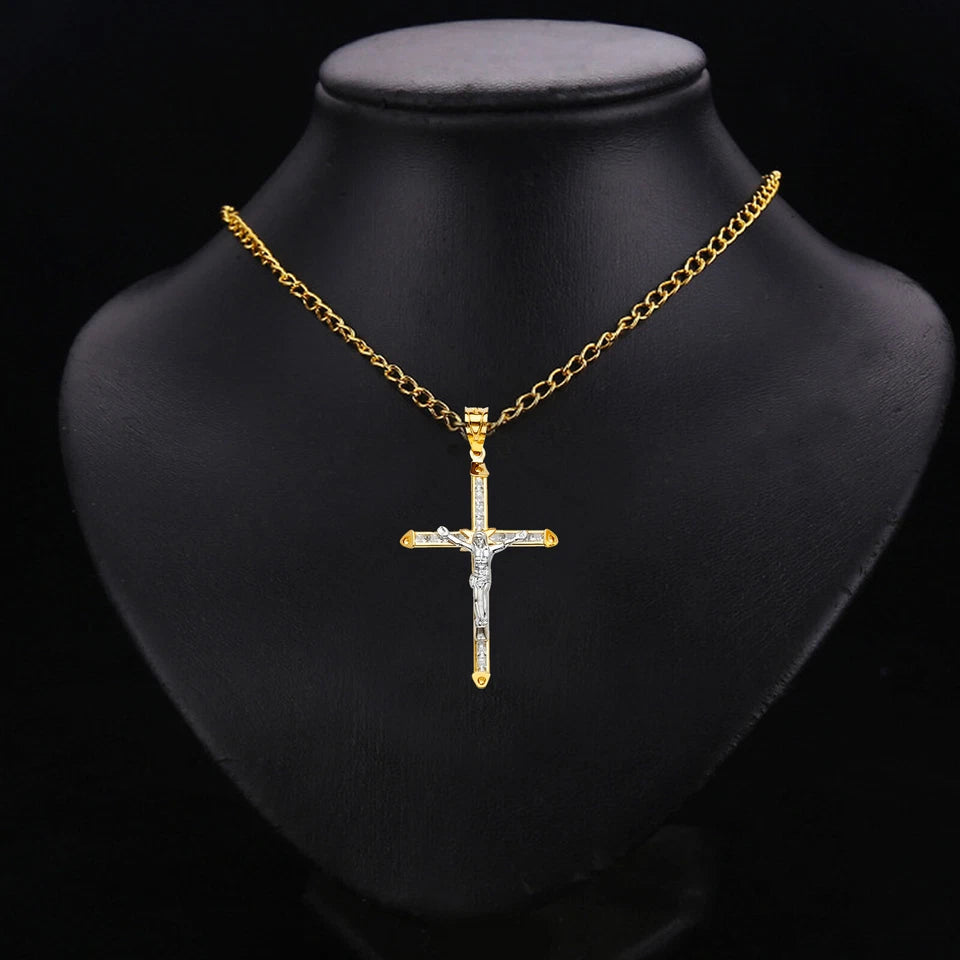 14K Yellow & White Gold Cubic Zirconia Religious Crucifix Cross Pendant