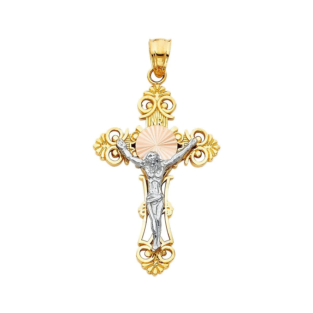 14K Two Tone Gold Jesus Crucifix Cross Religious Pendant For Chain