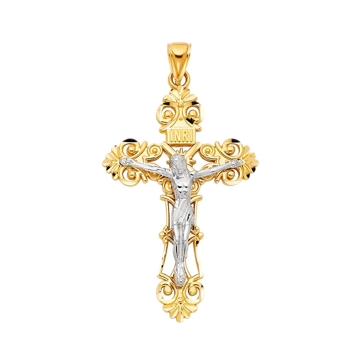 14K Real Two Tone Gold Religious Jesus Crucifix Cross Charm Pendant
