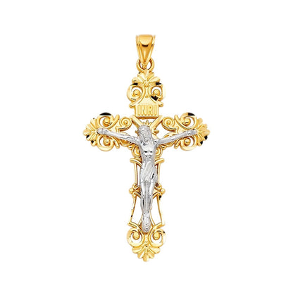 14K Real Two Tone Gold Religious Jesus Crucifix Cross Charm Pendant