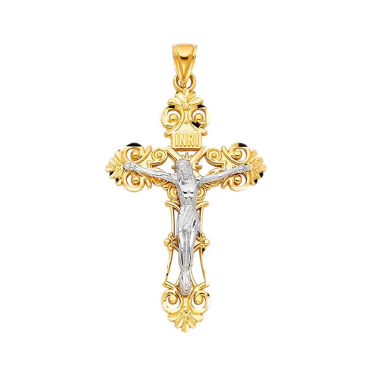 14K Real Two Tone Gold Religious Jesus Crucifix Cross Charm Pendant