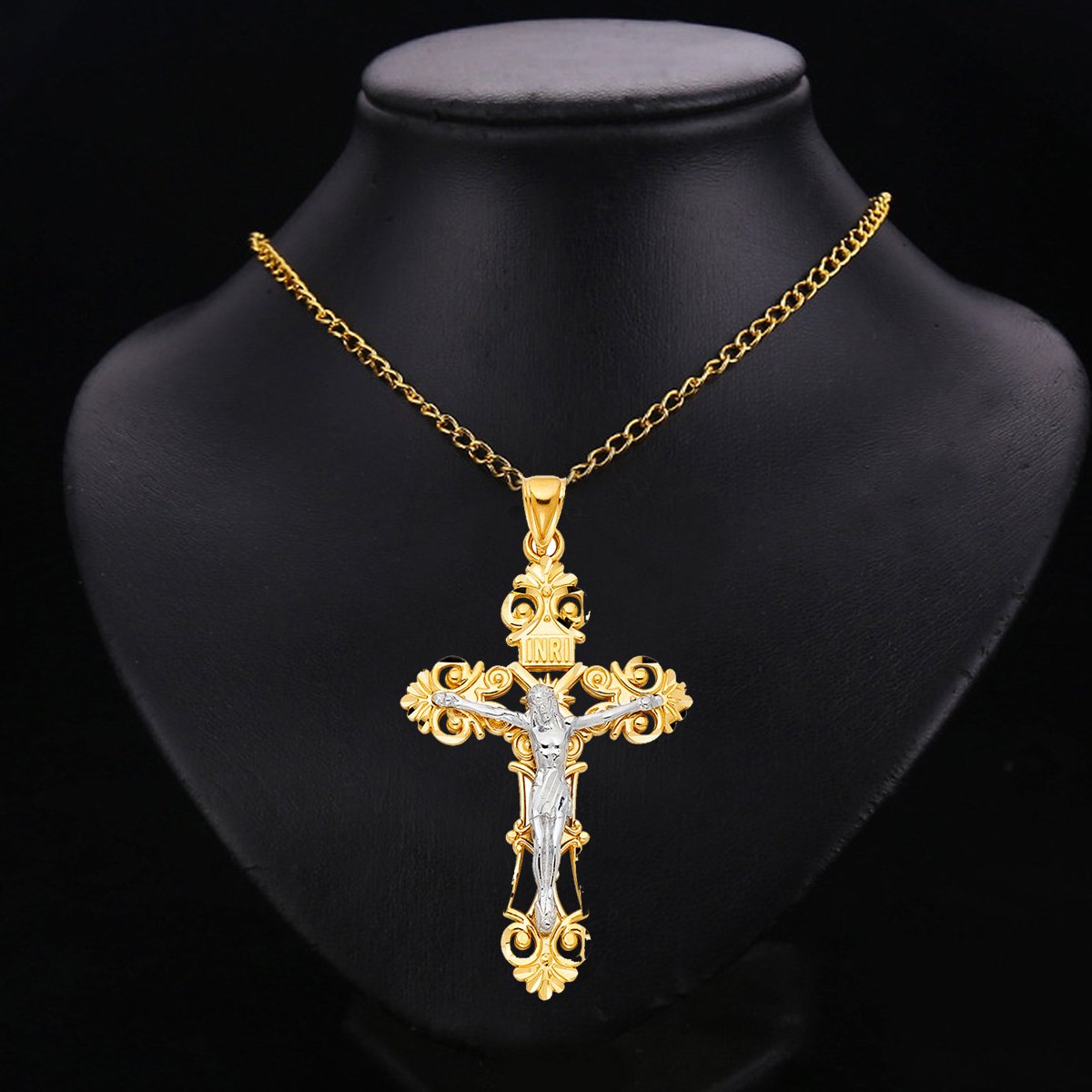 14K Real Two Tone Gold Religious Jesus Crucifix Cross Charm Pendant