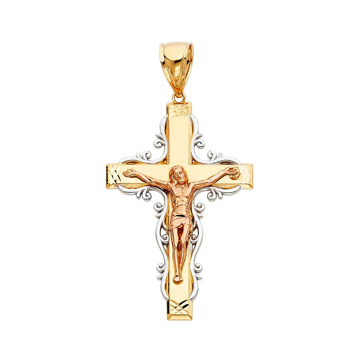 14K Tri Color Gold Religious Crucifix Cross Pendant For Necklace or Chain
