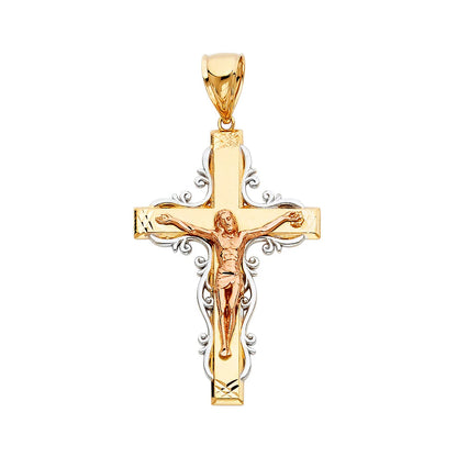 14K Tri Color Gold Religious Crucifix Cross Pendant For Necklace or Chain