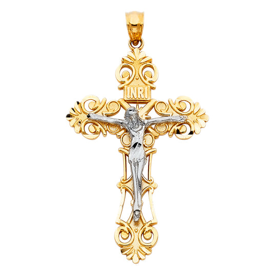 14K Two-Tone Gold Religious Crucifix Cross Catholic Charm Pendant