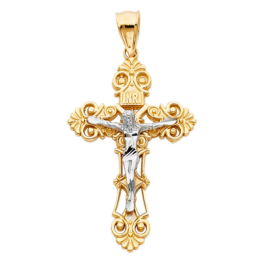 14K Two-Tone Yellow & White Gold Religious Crucifix Cross Charm Pendant