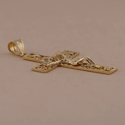 14K Yellow Gold Fancy Religious Crucifix Pendant for Necklace or Chain