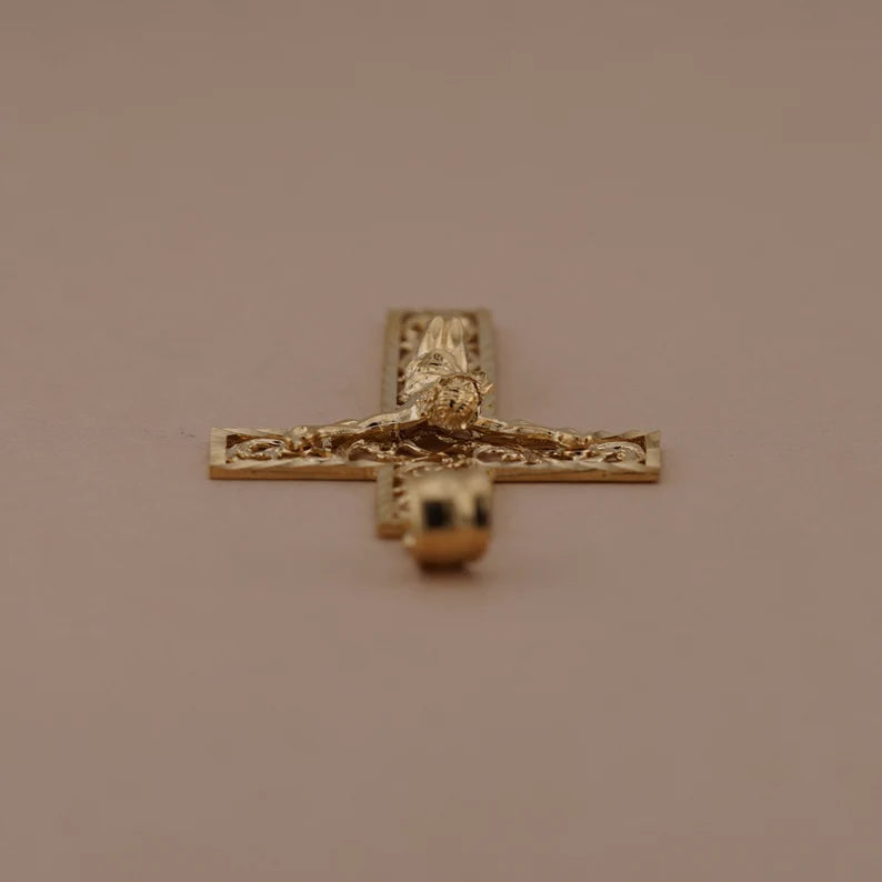 14K Yellow Gold Fancy Religious Crucifix Pendant for Necklace or Chain