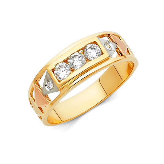 14K Tri-Color Gold Cubic Zirconia Comfort Fit Men’s Wedding Band Ring